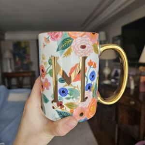 NWT Rifle Paper Co. Floral Monogram Porcelain Mug with Gold Handle